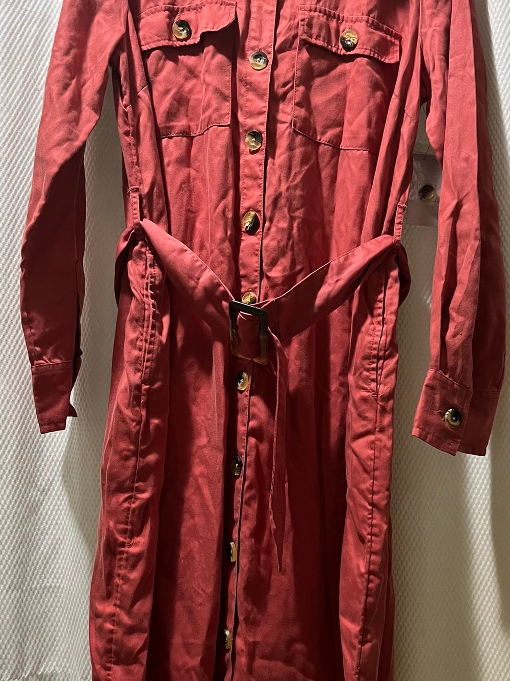 Coral, belted button up dress